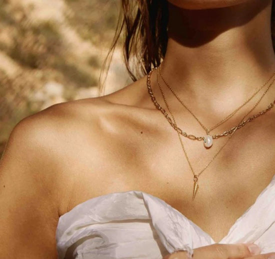 Close up of person wearing necklaces