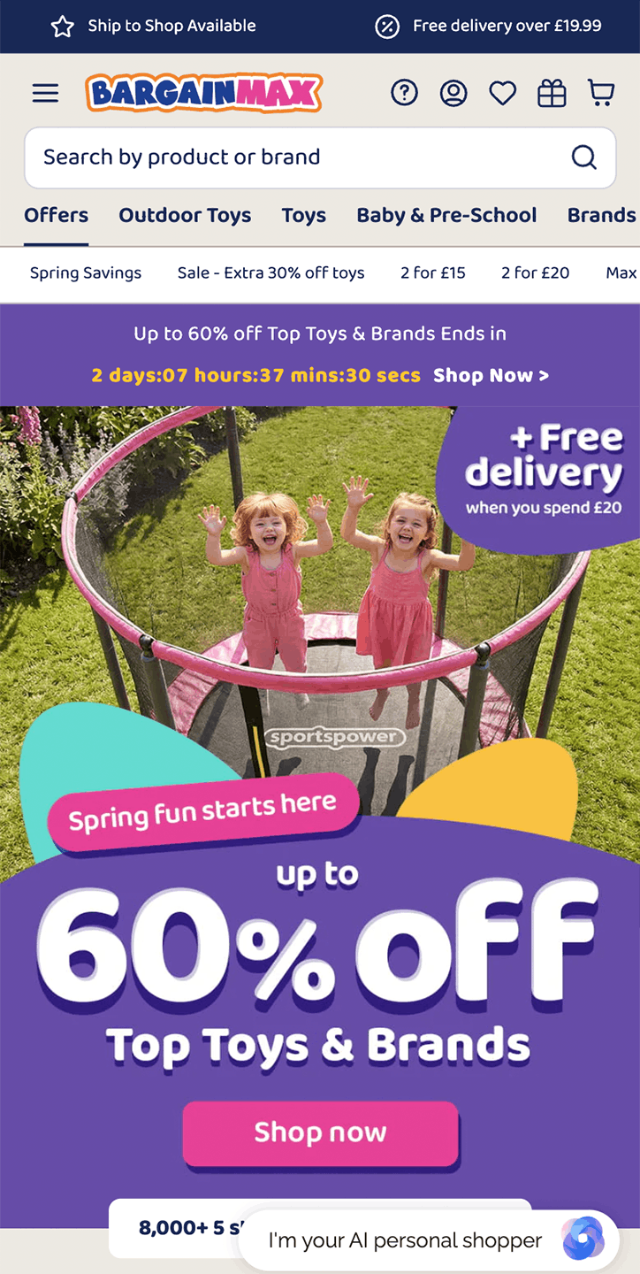 Bargain Max website with promotional banner for toys and brands, featuring two children on a trampoline.