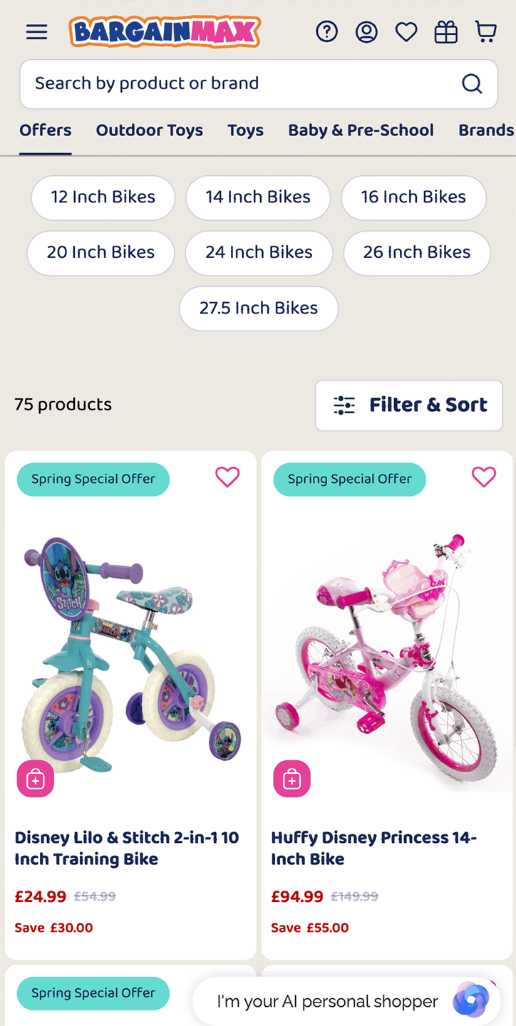 Bargain Max website page showing children's bikes with filters and sorting options.