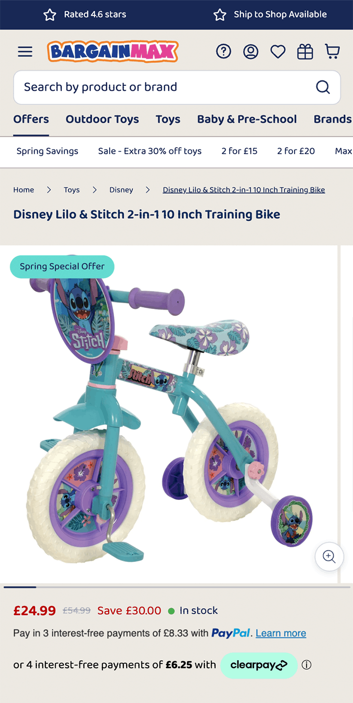 Disney Lilo & Stitch 2-in-1 training bike on a website page with promotional text.